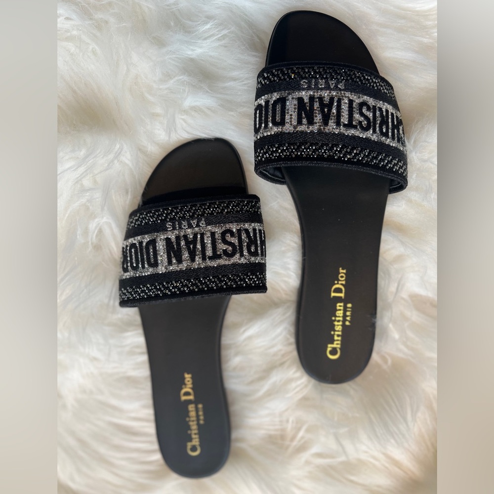 Dior Black and Silver Embellished Logo Slide Sandals